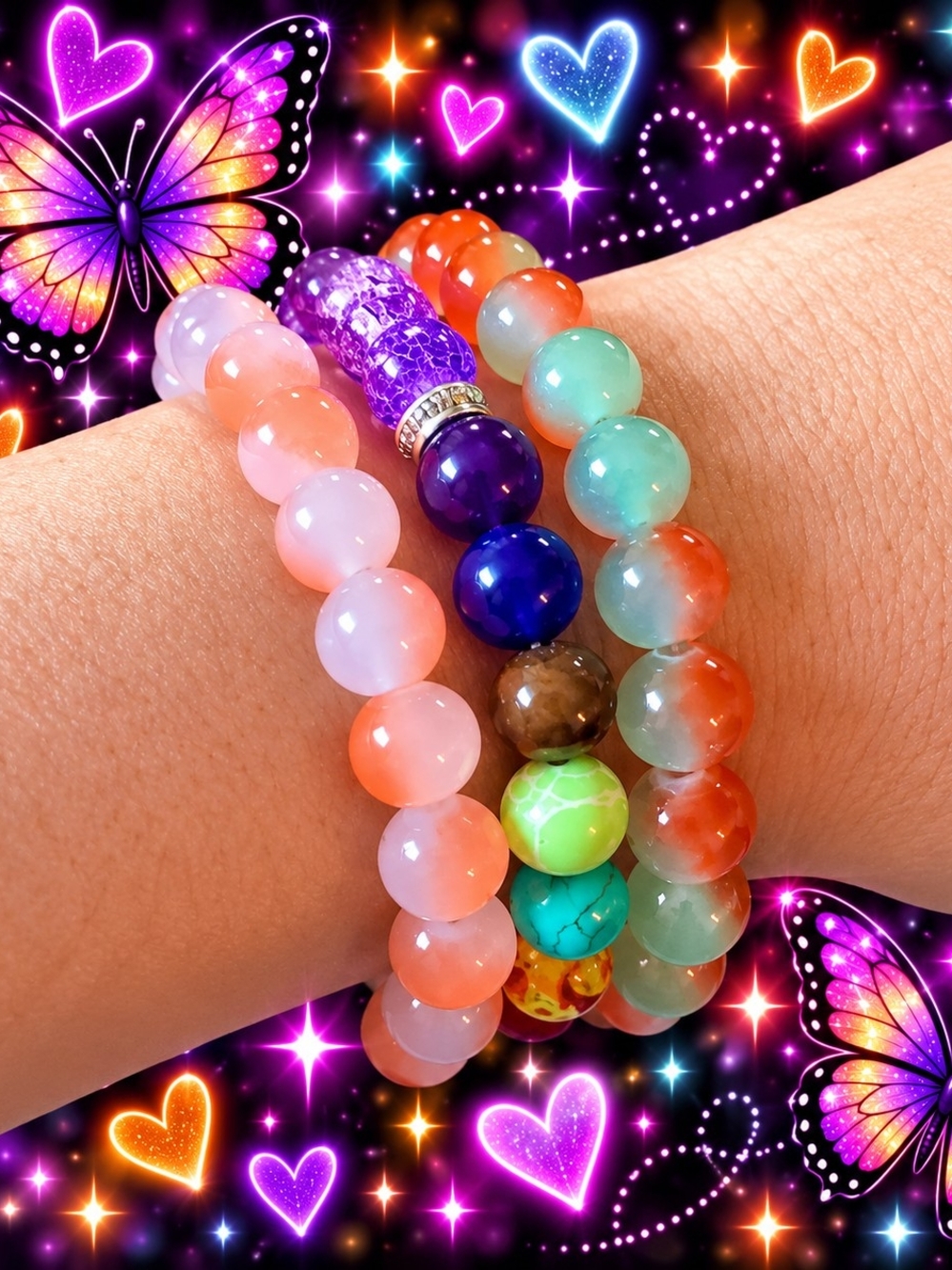 3 Multicolor Beaded Stretch Bracelet Set - Women Jewelry